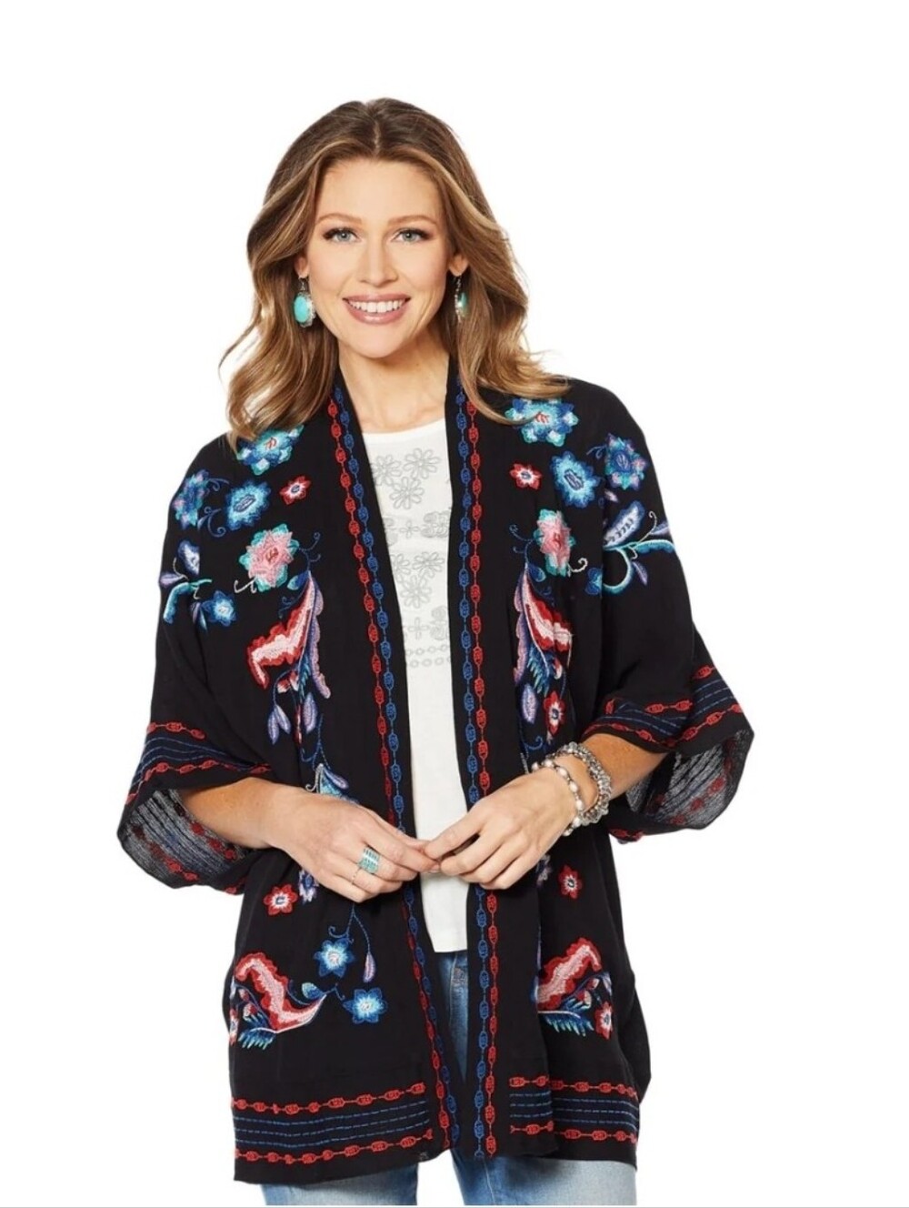 Curations 2x/3x New Black Floral Embroidered Kimono Cardigan - Multi Color